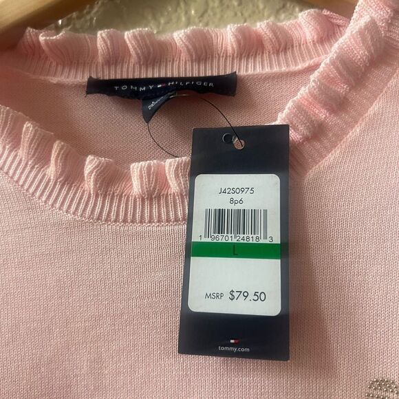 Tommy Hilfiger Rhinestone Heart Pink Sweater Sz L Pink  Ruffle Collar NWT - Picture 4 of 8